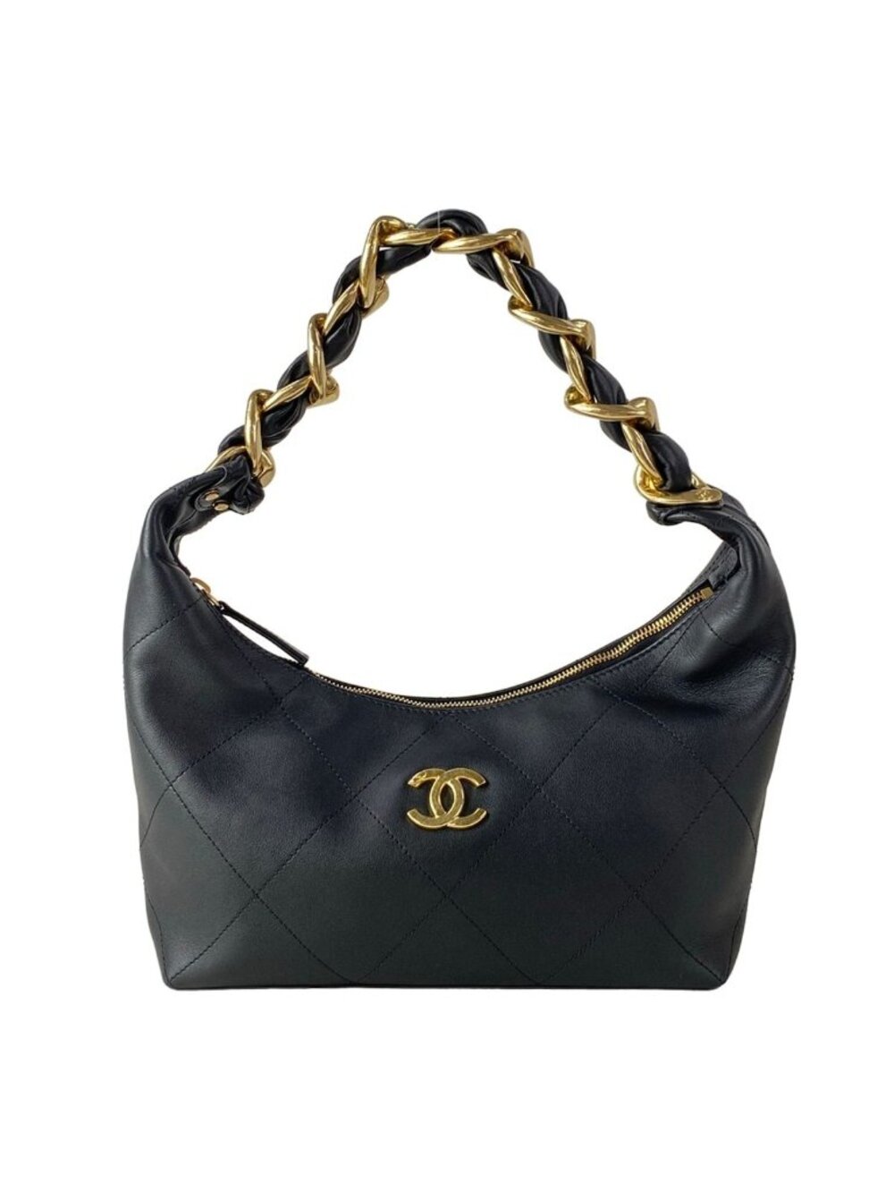 Chanel Handbag Quilted Hobo Black Gold Metal Leather